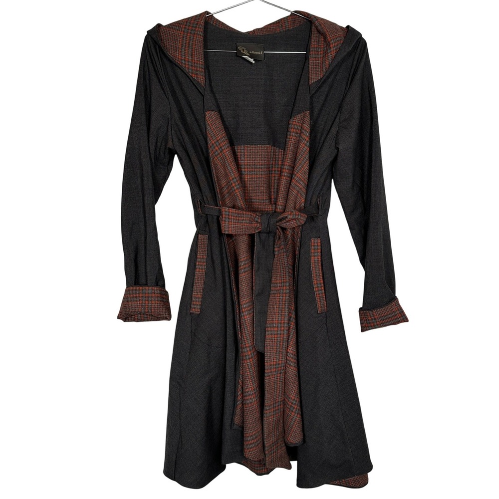 Plaid‎ Gray Fit and Flare Wrap Coat Custom Upcycled Contrast Coat Handmade S/M